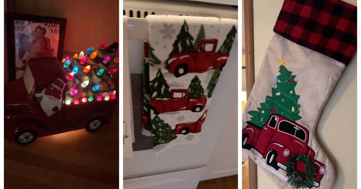 Piccolo camion rosso che trasporta l'albero di Natale TikTok