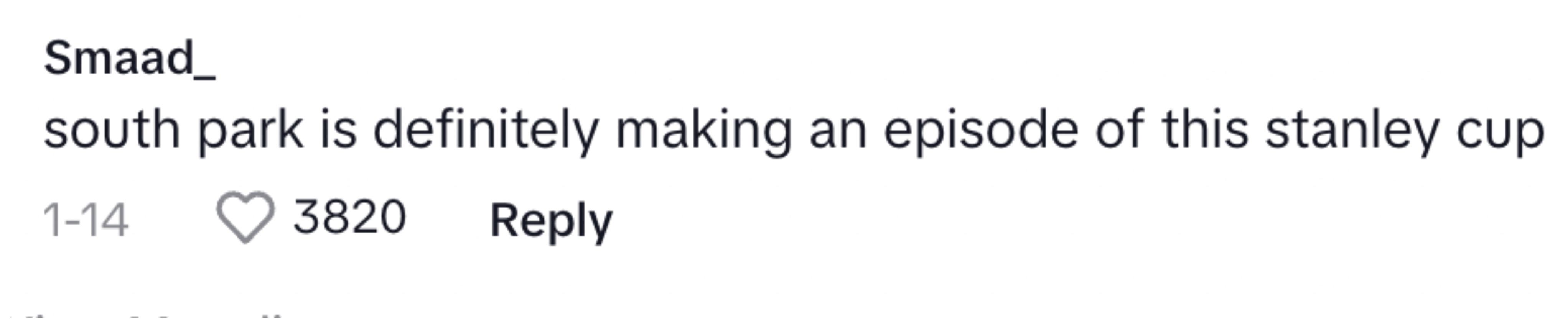 En TikTok-kommentator på Kobes indlæg om et barn, der bliver mobbet for stanley cup, der forudsiger, at South Park vil lave en episode om stanleys