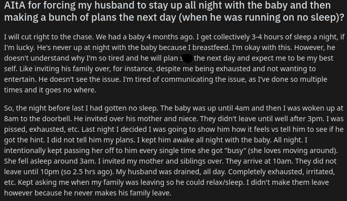 アイタ：女性が夫に起きていて赤ちゃんの世話を強要