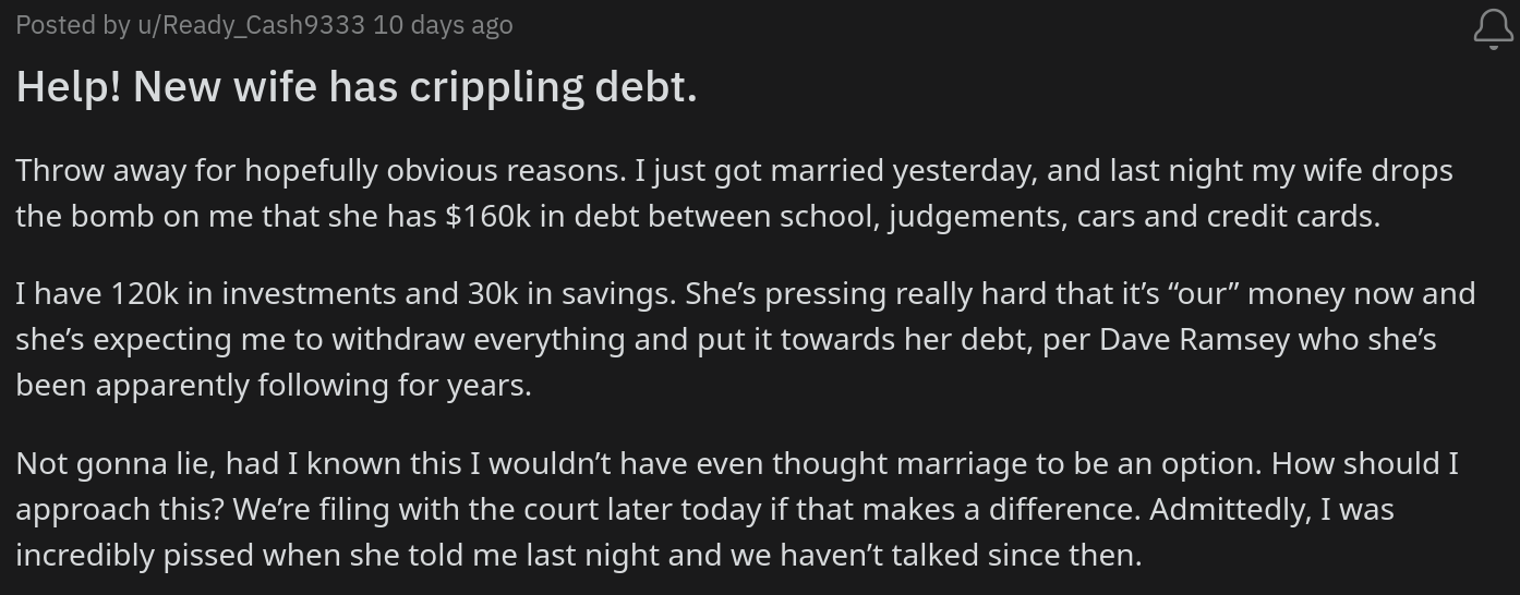 esposa quer que marido pague suas dívidas