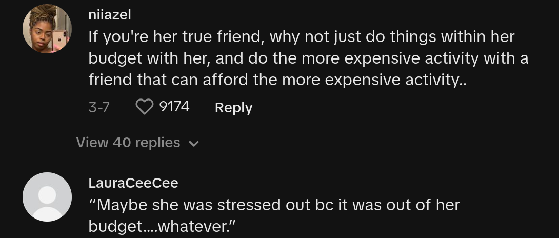 kvinna kommer inte att vara vän med människor som har mindre pengar än henne