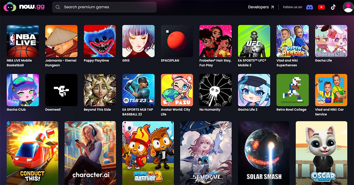 La page d'accueil de now.gg présentant tous les jeux disponibles sur la plateforme. 