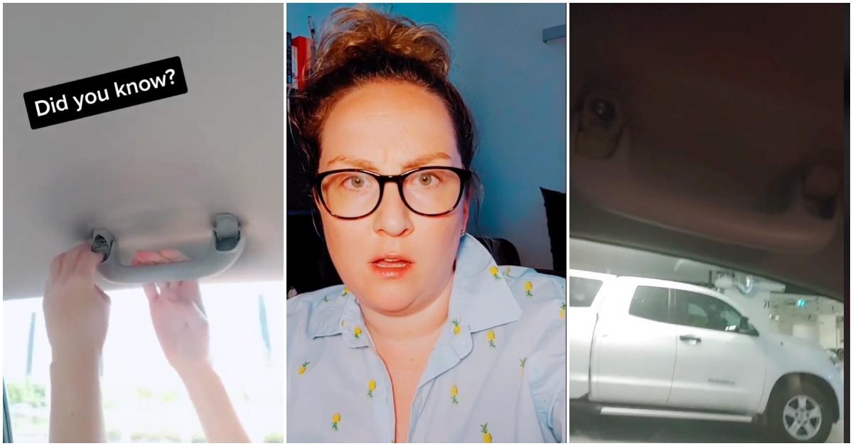 Video virale di una donna che scopre l'hacking sulla maniglia del soffitto dell'auto.