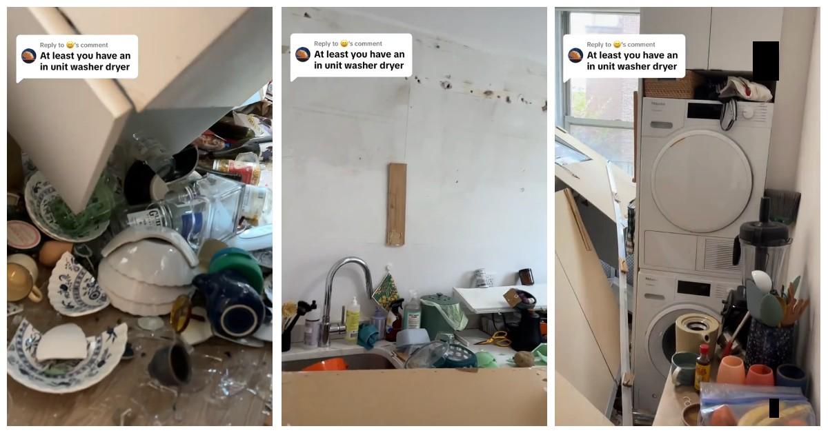 Küchenschrank fällt in New Yorker Wohnung um und Mitbewohner machen sich darüber lustig