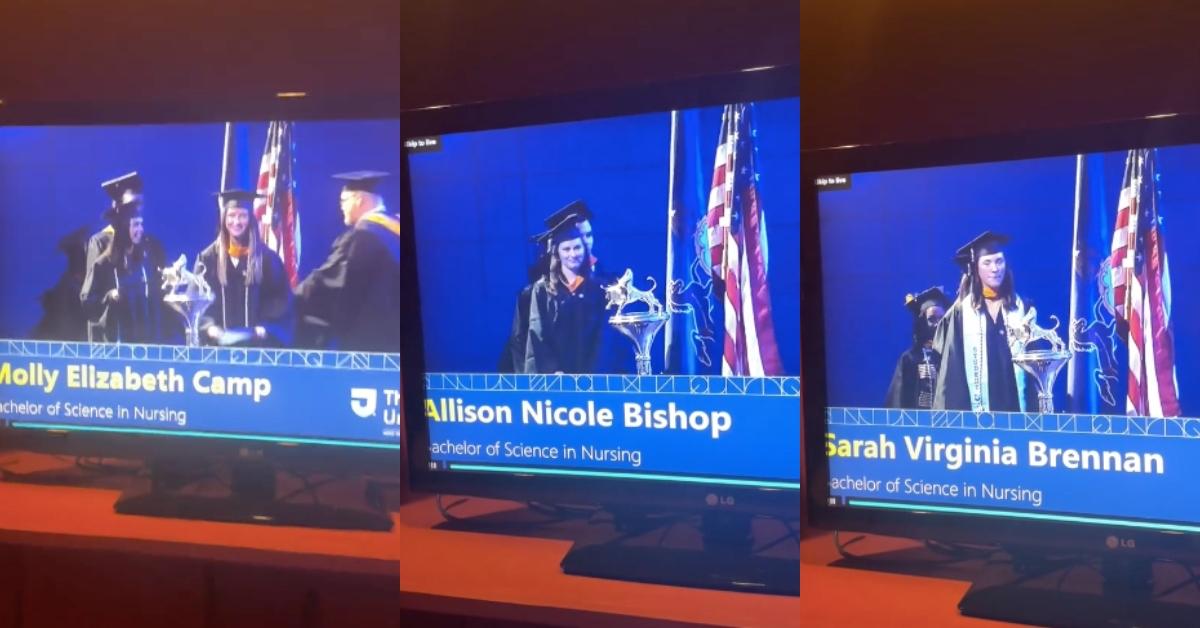 电视屏幕上显示托马斯杰斐逊大学演讲者被屠杀的名字。