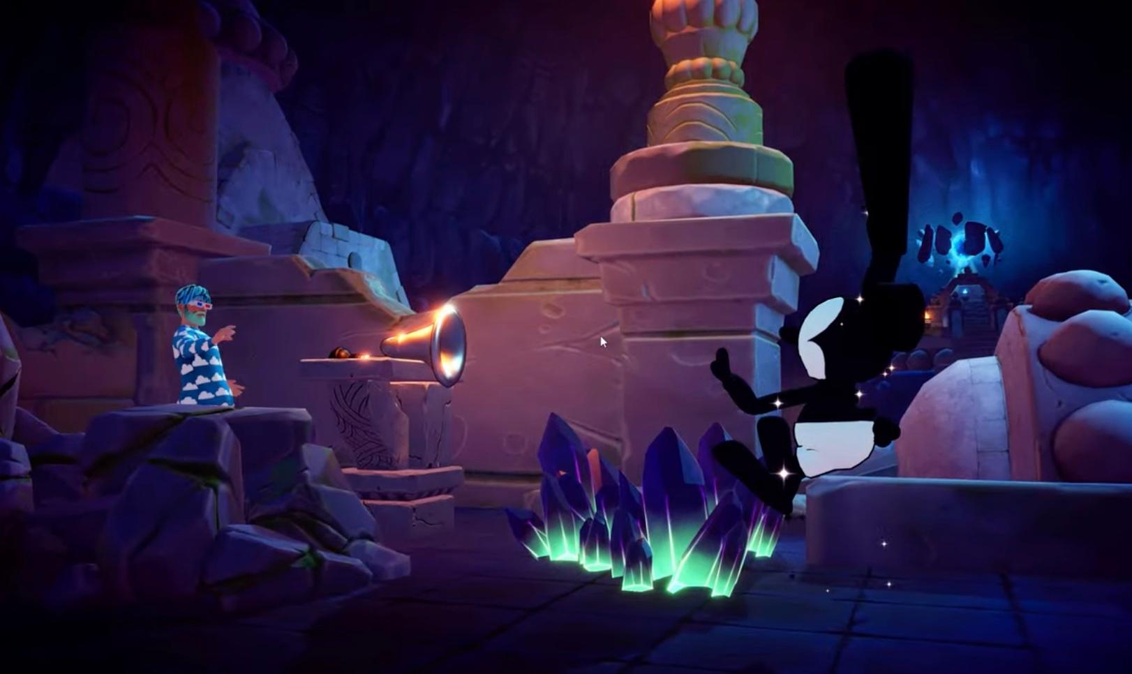 Ein Spieler bläst Oswald in „Disney Dreamlight Valley“ in die Hupe