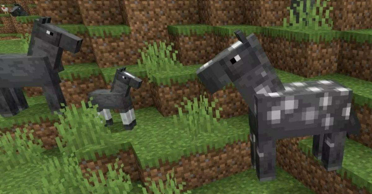 Due cavalli adulti e un cucciolo di cavallo in Minecraft