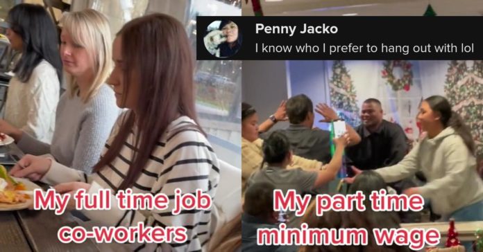 Une femme montre les différences flagrantes entre les fêtes d'employés à temps plein et à temps partiel
