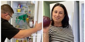 男性と女性が冷蔵庫の中のものをどのように探すかを示す陽気なビデオ
