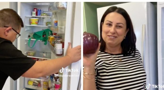 男性と女性が冷蔵庫の中のものをどのように探すかを示す陽気なビデオ
