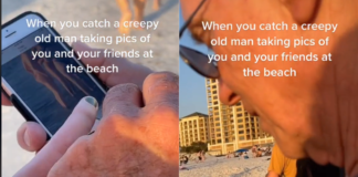Mulher pega "velho assustador" tirando fotos dela na praia e o obriga a excluí-las
