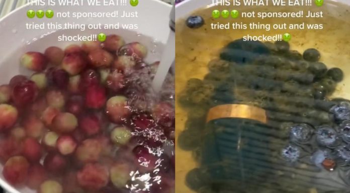 Une femme crée de l'agitation après avoir retiré la "saleté" des fruits d'une épicerie à l'aide d'un nettoyant à ultrasons 
