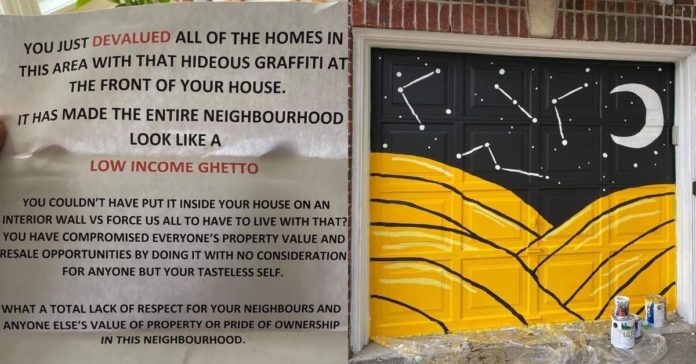 Kvinde modtager "Grim" Bemærk at hævde "Uhyggelig graffiti" Får naboskab til at se ud "Ghetto med lav indkomst"
