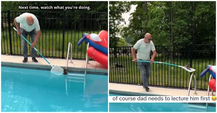 Homem dá a um guaxinim bebê assustado uma “conversa de pai” antes de resgatá-lo de uma piscina
