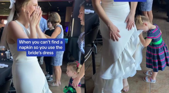 "Ingen børn ved mit bryllup" - Småbarn tørrer ansigt på brudens kjole, gnistende debat
