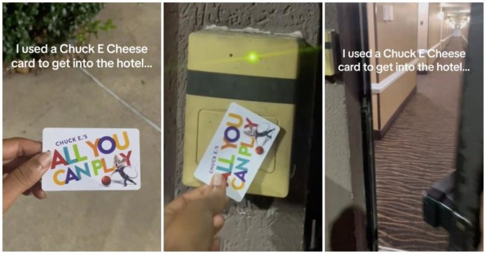 Mulher usa cartão Chuck-E-Cheese para abrir a porta do hotel e as pessoas ficam chocadas
