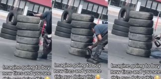 Kunden fanger dækbutiksmedarbejderen "maler dæk sorte", mens han venter på nye
