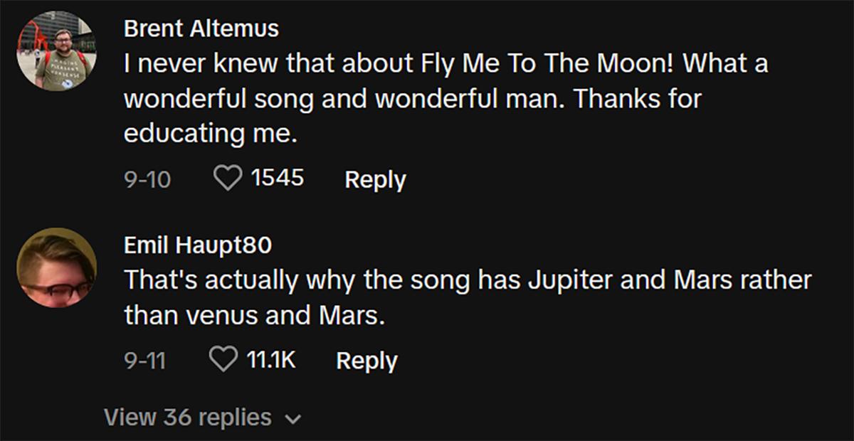 Commenti sulla canzone Fly Me to the Moon su TikTok