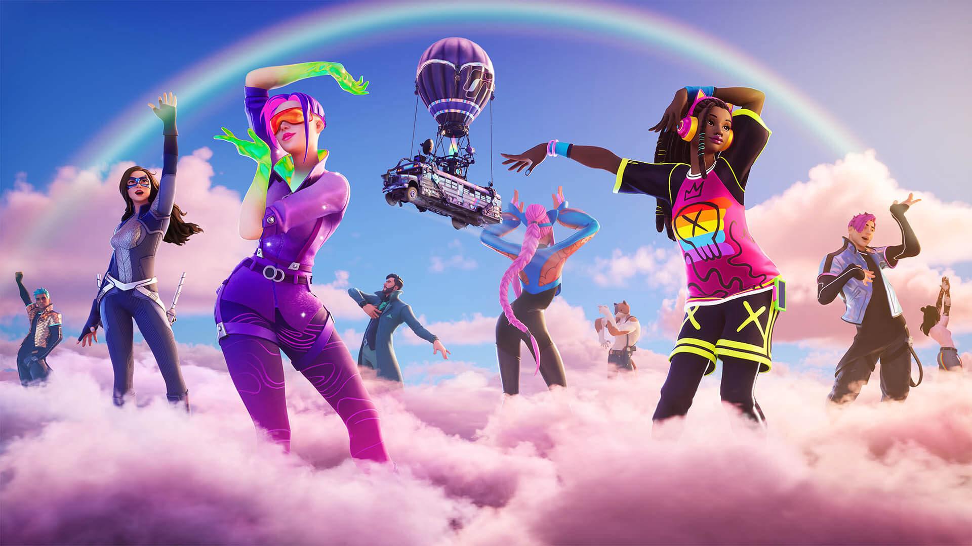 Werbekunst mit Regenbogen-Avataren, die auf rosa Wolken tanzen.