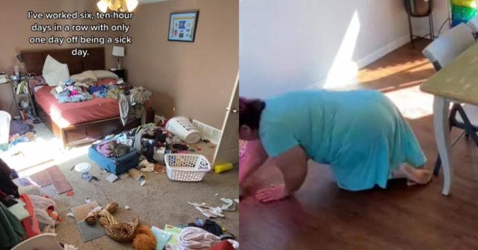 O lapso de tempo de limpeza da casa de uma mãe solteira mostra uma quantidade chocante de trabalho que ela realiza após o turno de 10 horas

