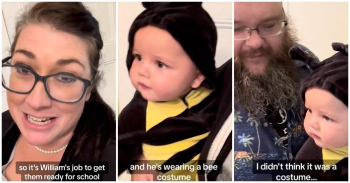 "옷인줄 알았는데" — 아빠는 실수로 어린이집에서 아들에게 꿀벌 의상을 입혔습니다.
