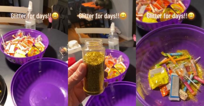 Mom Trolls Trick-Or-Treaters que tentam levar uma tigela inteira de doces com bomba de purpurina
