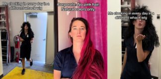 Kvinnan kommer runt Jobs policy för att inte ha rosa hår genom att bära löjliga peruker med "naturliga färger" istället
