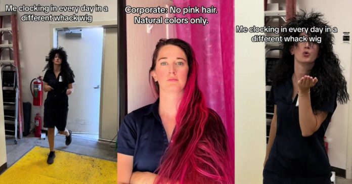 Kvinnan kommer runt Jobs policy för att inte ha rosa hår genom att bära löjliga peruker med 