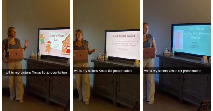 "Abra seus corações e suas carteiras" Diz a mulher que fez uma apresentação de slides com uma lista de presentes de Natal
