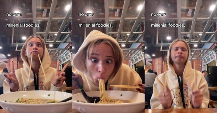 “아주 정확함” – 여성이 밀레니얼 영향력자들이 소셜 미디어에서 음식을 먹는 방식을 패러디함

