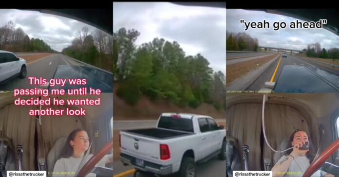 女性トラック運転手、高速道路で後続する白いトラックの緊迫した映像を共有
