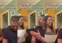 Mädchen macht liberalen Vater einen Scherz mit republikanischem Stipendienstreich und er kann nicht aufhören zu lachen
